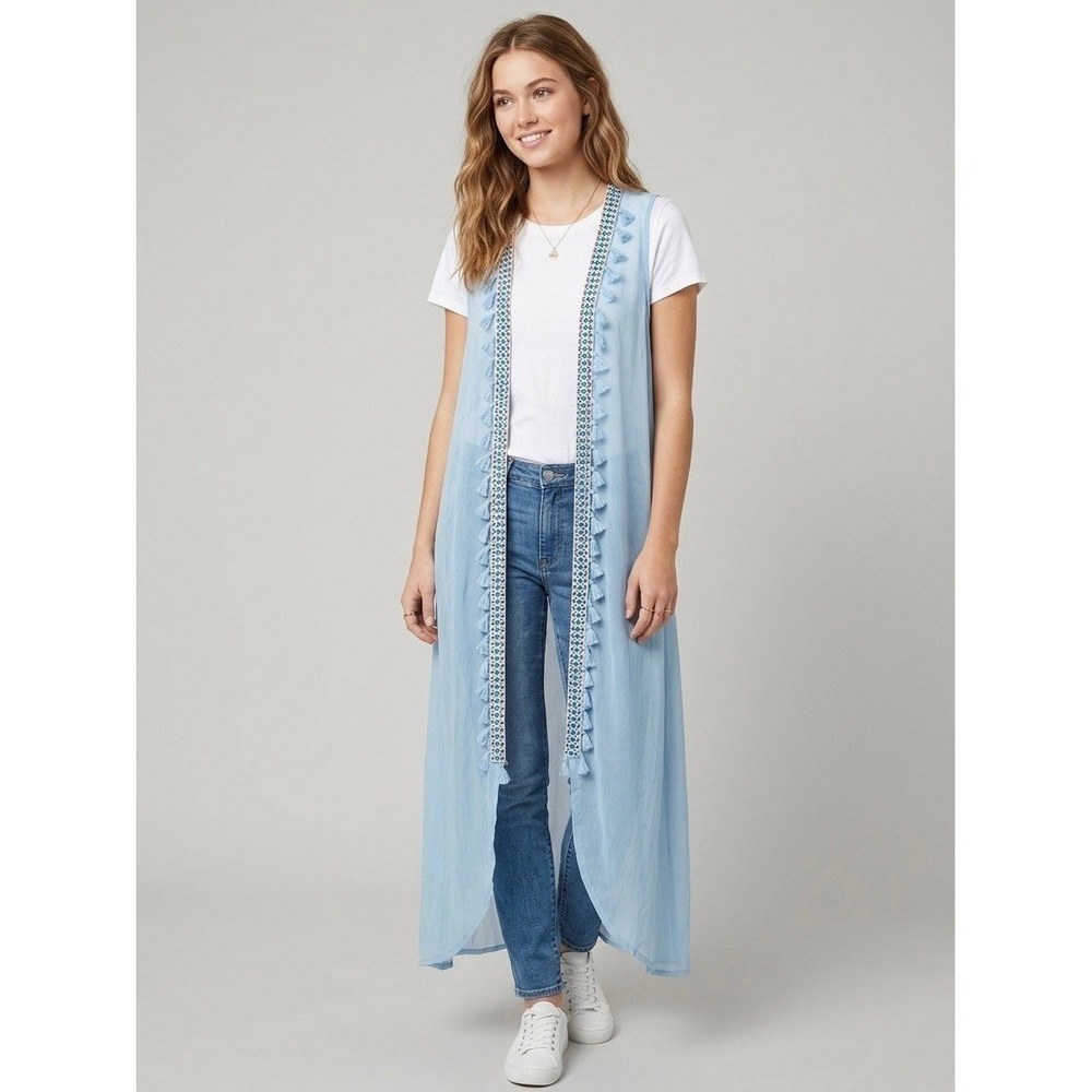 Boho Sheer Light Blue Tassel Trim Open Front Maxi Vest Duster Sleeveless Layer